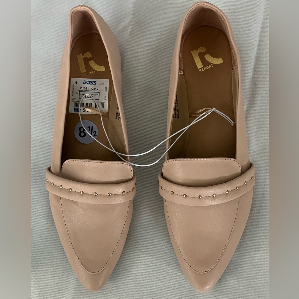 Report beige loafers featuring a pointed toe and studded strap detail NWT 81/2